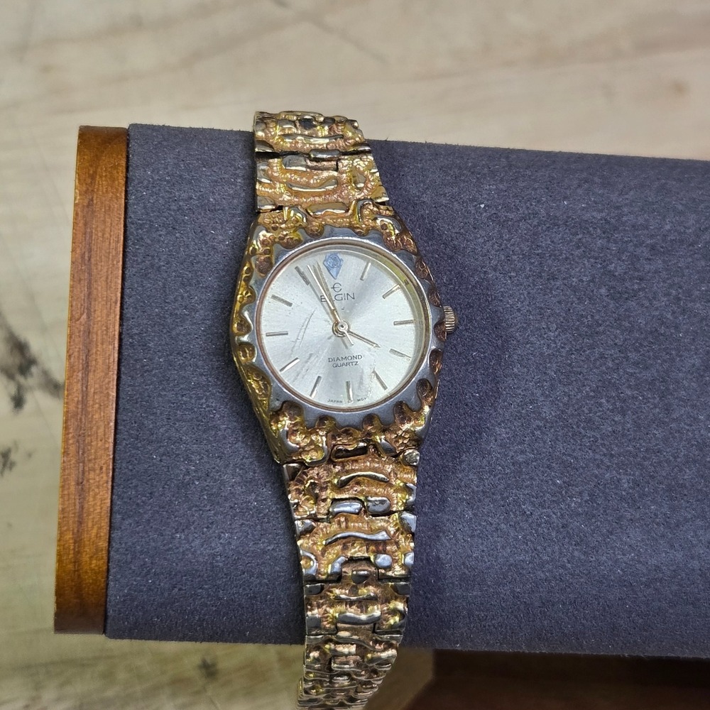 Vtg Elgin Diamond Gold Tone Nugget Bracelet Wrist Watch Quartz 7" not running